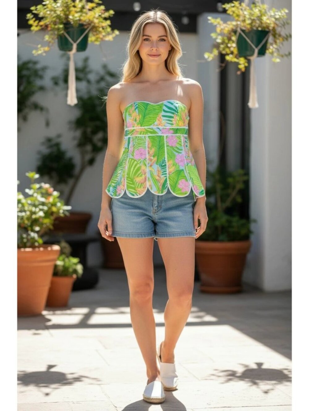 Lilly Pulitzer Women Strapless Floral Scalloped Tropical Print Green/Pink SZ 2